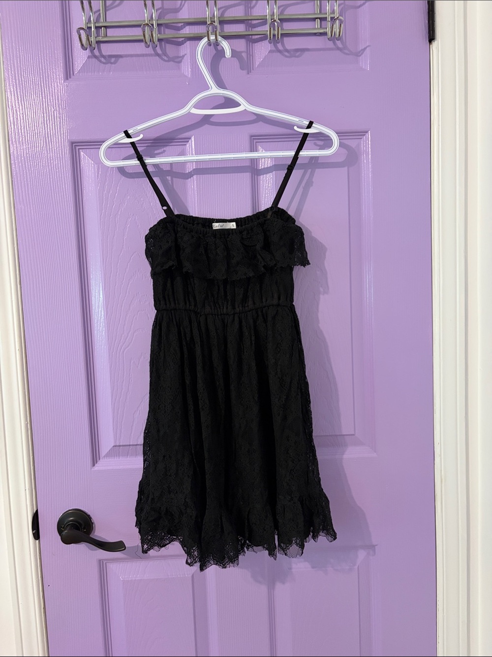 Black Lace Mini Dress with Ruffled Bodice and Spaghetti Straps